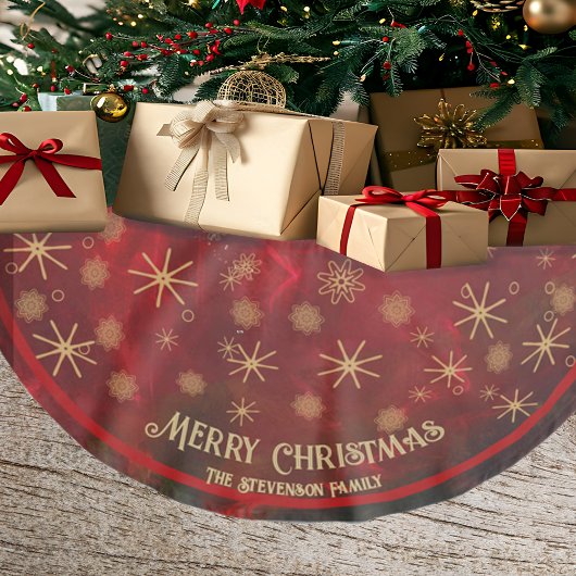 Jupon De Sapin En Polyester Brossé Élégant Red Gold Snowflakes Joyeux Noël