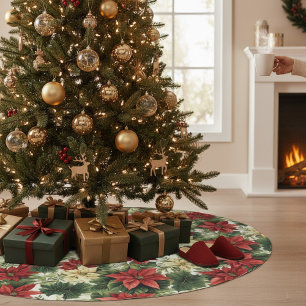 Jupon De Sapin En Polyester Brossé Élégant Rouge Poinsettia Floral Noël