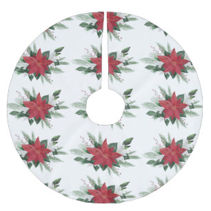 Jupon De Sapin En Polyester Brossé Élégant Rouge Poinsettia Motif Noël