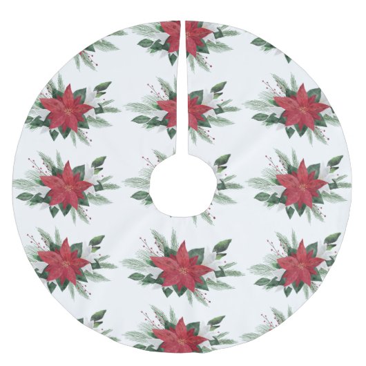 Jupon De Sapin En Polyester Brossé Élégant Rouge Poinsettia Motif Noël (Devant)