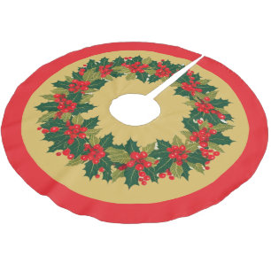 Jupon De Sapin En Polyester Brossé Elégant Wreath Holly Berries Joyeux Noël or