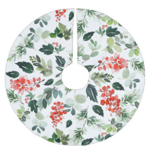 Jupon De Sapin En Polyester Brossé Elégante aquarelle Baies rouges Fruits verts Noël