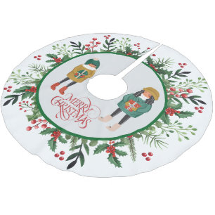 Jupon De Sapin En Polyester Brossé Elegante couronne moderne et script Joyeux Noël
