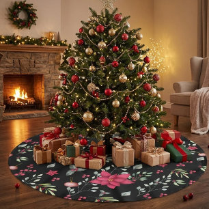 Jupon De Sapin En Polyester Brossé Élégantes feuilles vertes et or et baies de houx r