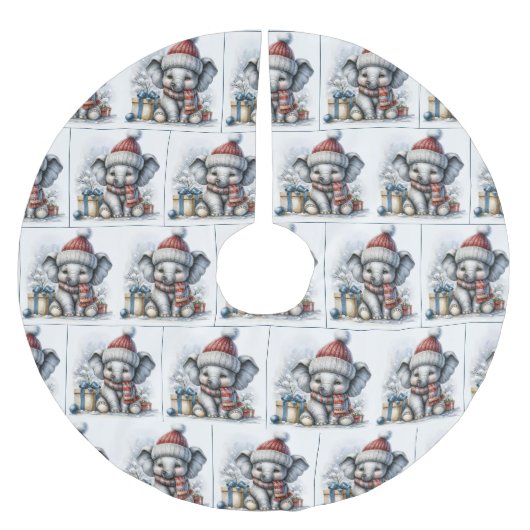 Jupon De Sapin En Polyester Brossé Elephant de Noël avec cadeaux (Devant)