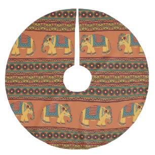 Jupon De Sapin En Polyester Brossé Eléphants Indiens, Orange Traditionnel Sans Seamle