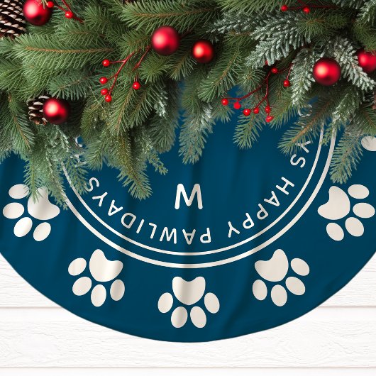 Jupon De Sapin En Polyester Brossé Empreinte de patte Wreath Monogram Pet Navy Noël