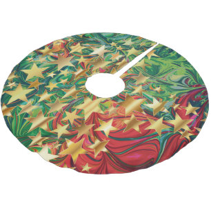 Jupon De Sapin En Polyester Brossé ÉTOILES DE NOËL Rouge Vert Faux Or Rétro Abstrait