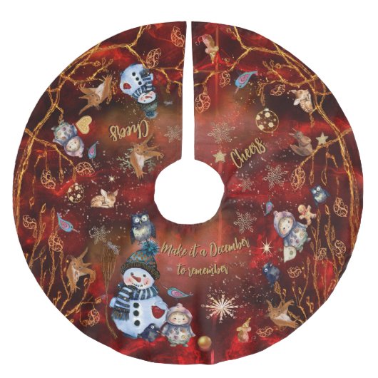 Jupon De Sapin En Polyester Brossé Fancy RED Gold Holiday avec caractères (Devant)