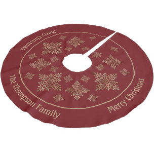 Jupon De Sapin En Polyester Brossé Faux flocons de neige en feuille d'or sur fond rou