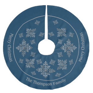 Jupon De Sapin En Polyester Brossé Faux Gris Foil Faux Flakes À Neige Sur Bleu (Pas V
