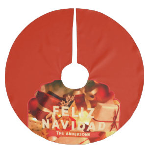 Jupon De Sapin En Polyester Brossé Feliz Navidad Spanish Red Gold Nom de famille Vint
