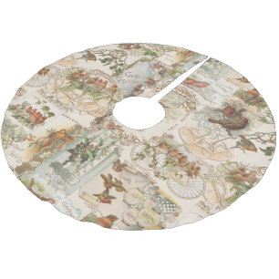 Jupon De Sapin En Polyester Brossé Festif Vintage Noël Oiseau et Ephémère de fleur