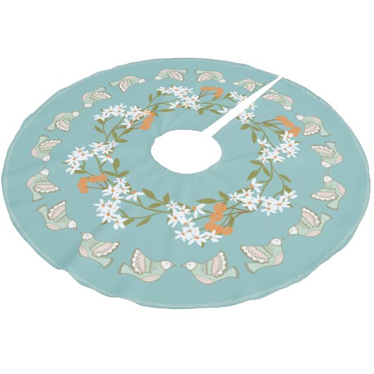 Jupon De Sapin En Polyester Brossé Festive d'oiseaux floraux roses bleus (Angle)