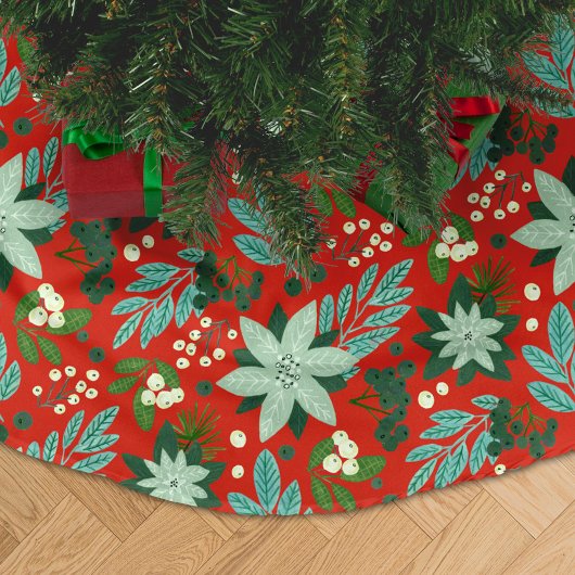 Jupon De Sapin En Polyester Brossé Festive Rouge Floral Motif de Noël