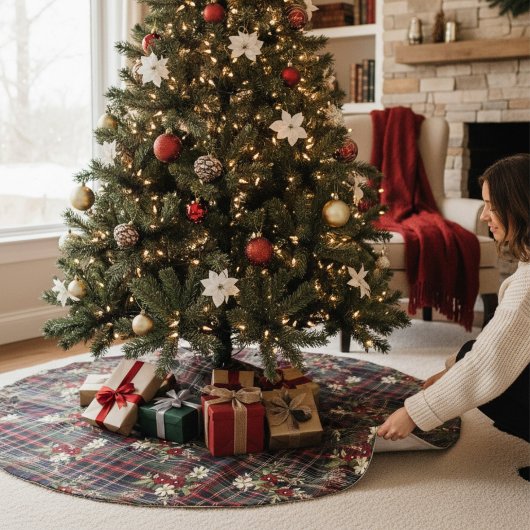 Jupon De Sapin En Polyester Brossé Fête de fleurs de tarte vert rouge Noël