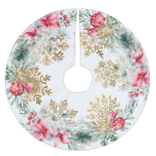 Jupon De Sapin En Polyester Brossé Fête de Noël Rouge Poinsettia