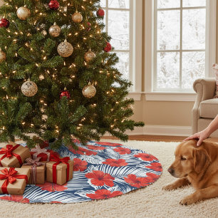 Jupon De Sapin En Polyester Brossé Feuillage tropical Hibiscus floral rouge Noël