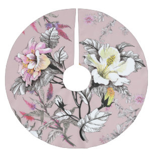 Jupon De Sapin En Polyester Brossé Feuilles d'aquarelle Fleurs Motif rose