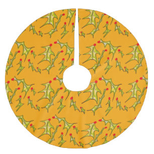 Jupon De Sapin En Polyester Brossé Feuilles de houx joyeuses sur or jaune