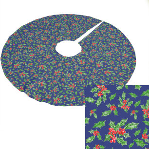 Jupon De Sapin En Polyester Brossé Feuilles et baies de houx de Noël rouge et vert