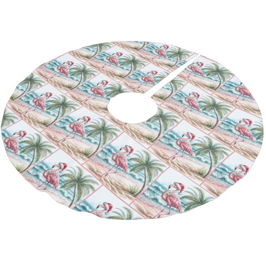 Jupon De Sapin En Polyester Brossé Flamant rose de Noël sur une plage (Angle)
