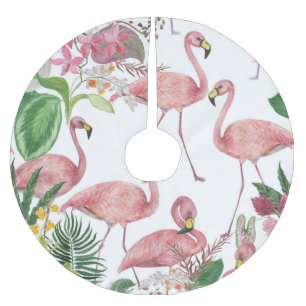 Jupon De Sapin En Polyester Brossé Flamant rose Feuilles tropicaux Motif aquarelle