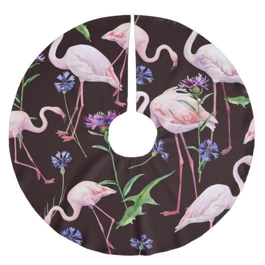 Jupon De Sapin En Polyester Brossé Flamants d'aquarelle et fleurs sauvages motif. (Devant)