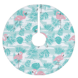 Jupon De Sapin En Polyester Brossé flamants roses, feuilles de palmiers verts, tropic