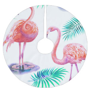 Jupon De Sapin En Polyester Brossé Flamants roses tropicaux : Orchidées Aquarelle tra