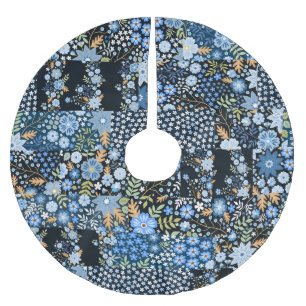 Jupon De Sapin En Polyester Brossé Fleurs Bleues Patchwork : Tissu sans couture.