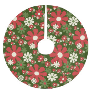 Jupon De Sapin En Polyester Brossé Fleurs de Noël Rétro Années 60 70 Motif Floral