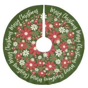 Jupon De Sapin En Polyester Brossé Fleurs de Noël Retro Floral Joyeux