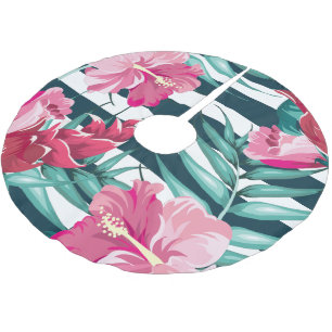 Jupon De Sapin En Polyester Brossé Fleurs exotiques roses rayées