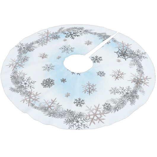 Jupon De Sapin En Polyester Brossé Flocon de neige argenté et aquarelle bleue (Angle)
