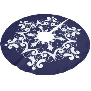 Jupon De Sapin En Polyester Brossé Flocon De Neige Blanc Sur Bleu Foncé