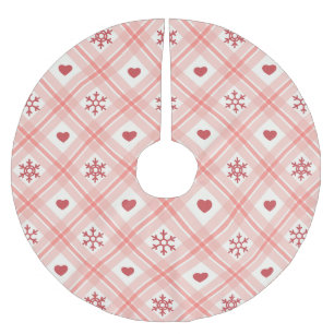 Jupon De Sapin En Polyester Brossé Flocon De Neige Et Coeurs De Noël Rose Retro