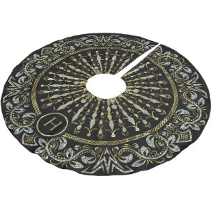 Jupon De Sapin En Polyester Brossé Flocon De Neige Noir, Or Et Diamants Parties scint