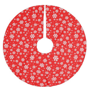Jupon De Sapin En Polyester Brossé Flocons blancs sur motif d'hiver rouge