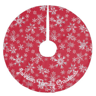 Jupon De Sapin En Polyester Brossé Flocons de neige argentés rouges Message personnal