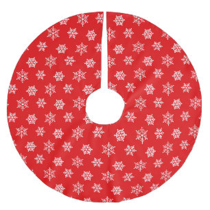 Jupon De Sapin En Polyester Brossé Flocons de neige blancs élégants sur fond rouge