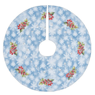 Jupon De Sapin En Polyester Brossé Flocons de neige bleus avec baies rouges et étoile