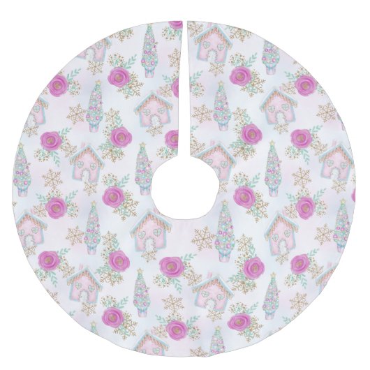 Jupon De Sapin En Polyester Brossé Gingerbread de Noël rose (Devant)