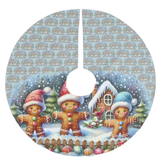 Jupon De Sapin En Polyester Brossé Gingerbread Family Snowy Christmas Scene (Devant)