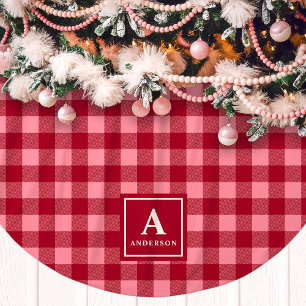 Jupon De Sapin En Polyester Brossé Gingham à carreaux rose et rouge avec monogramme
