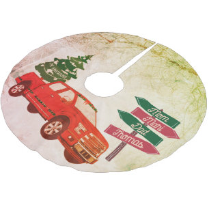 Jupon De Sapin En Polyester Brossé Green Red Truck Famille Rustique Vintage Noël