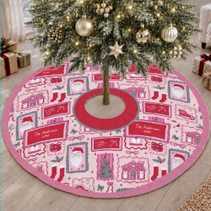 Jupon De Sapin En Polyester Brossé Gribouillages de Noël fantaisistes roses dessinés