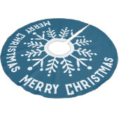 Jupon De Sapin En Polyester Brossé Gros flocon blanc, Joyeux Noël blanc sur bleu (Angle)