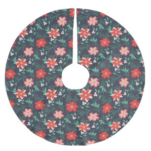 Jupon De Sapin En Polyester Brossé Gros Poinsettias de Noël Rouge et Blanc