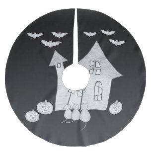Jupon De Sapin En Polyester Brossé Halloween la nuit avec Haunted House, chauves-sour